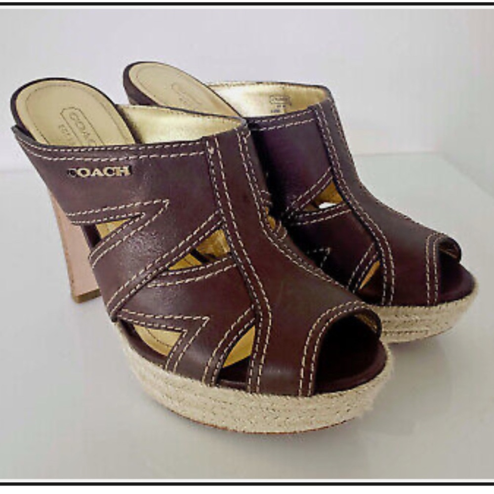 Coach Zeena Brown Leather Platform Sandals Size 8